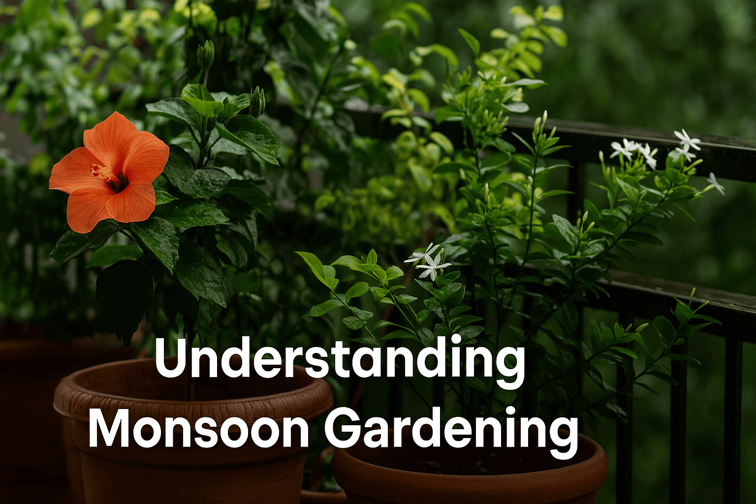 Balcony garden during daytime monsoon with hibiscus and jasmine plants in terracotta pots, ideal for monsoon gardening – Urban Plant